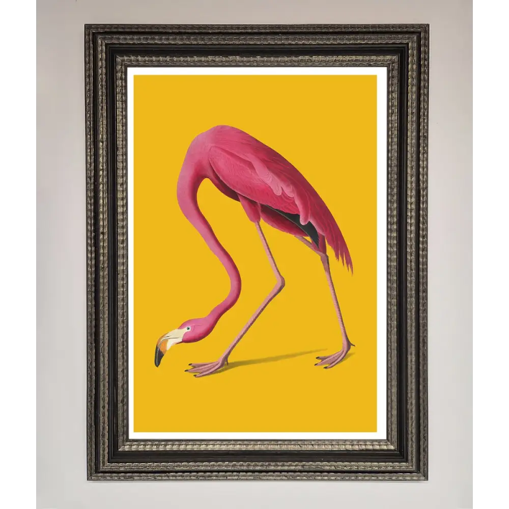 Pink Flamingo On Yellow Framed Print - A3 (29.7 x 42 cm) / Ornate Silver Black - Framed Print
