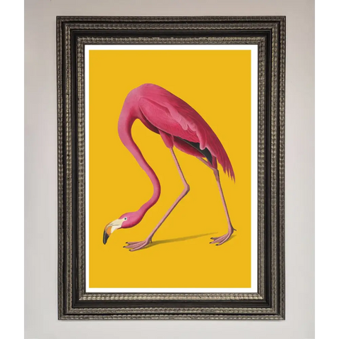 Pink Flamingo On Yellow Framed Print - A3 (29.7 x 42 cm) / Ornate Silver Black - Framed Print