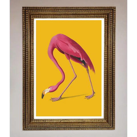 Pink Flamingo On Yellow Framed Print - A3 (29.7 x 42 cm) / Ornate Gold - Framed Print