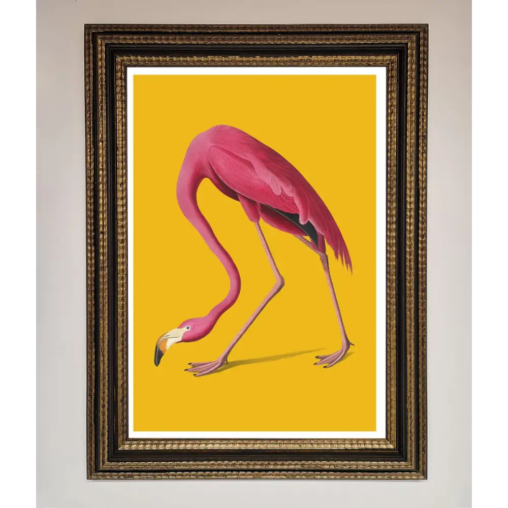 Pink Flamingo On Yellow Framed Print - A3 (29.7 x 42 cm) / Ornate Gold Black - Framed Print