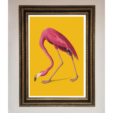 Pink Flamingo On Yellow Framed Print - A3 (29.7 x 42 cm) / Ornate Gold Black - Framed Print