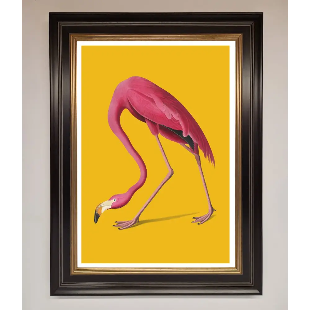 Pink Flamingo On Yellow Framed Print - B0 (100 x 141 cm) / Black Gold - Framed Print