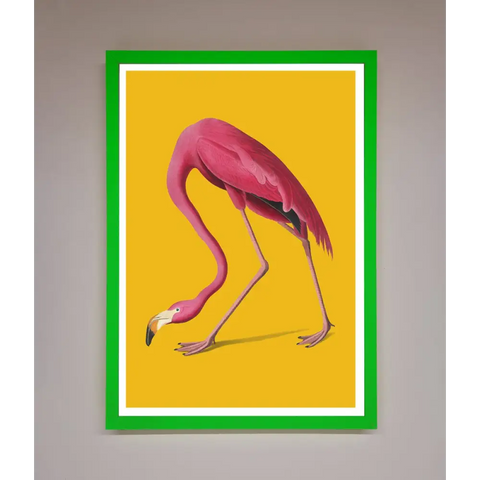 Pink Flamingo On Yellow Framed Print - B0 (100 x 141 cm) / Neon Dark Green - Framed Print