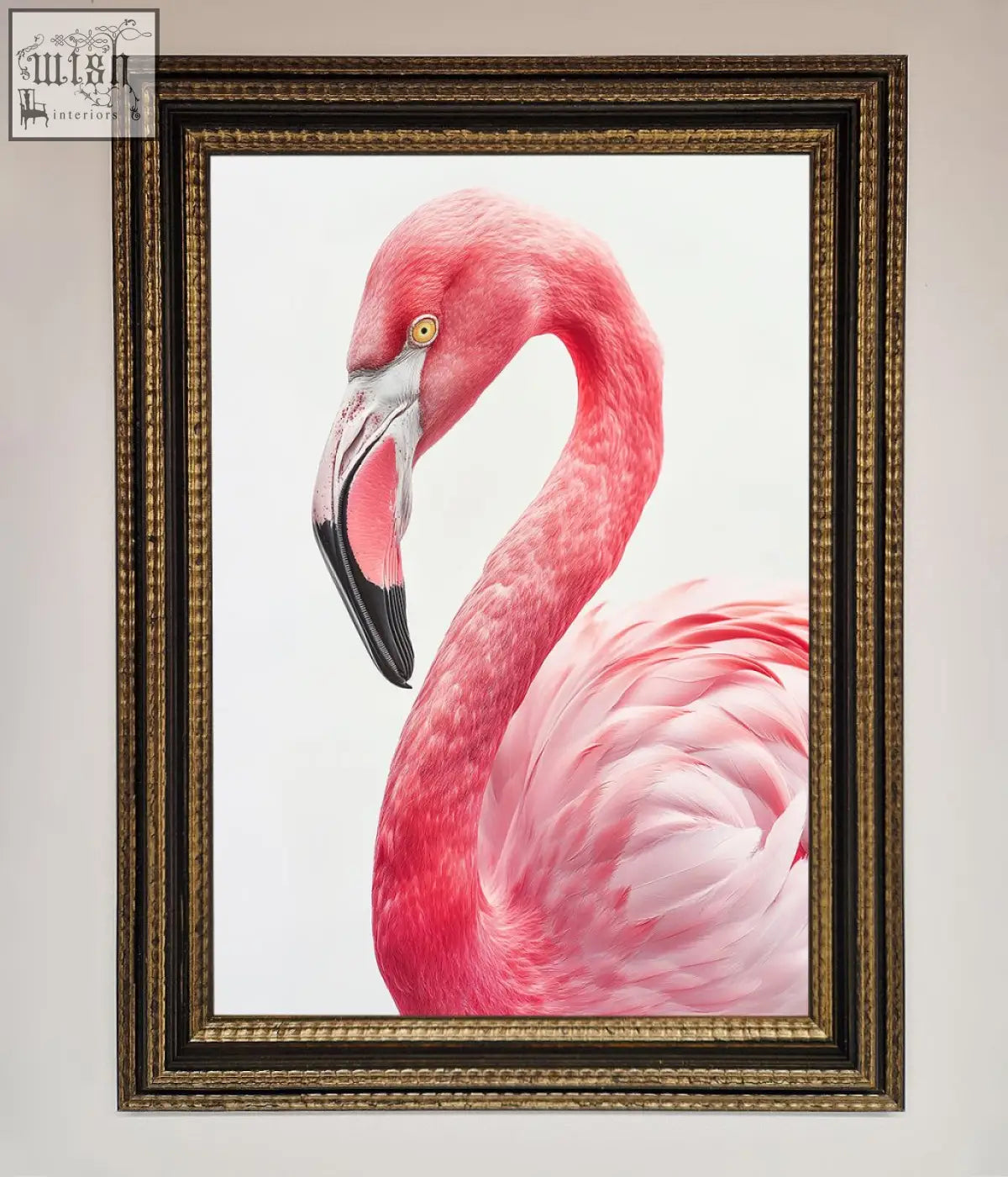 Pink flamingo stare framed print featuring a vibrant pink flamingo portrait in an ornate gold-toned frame