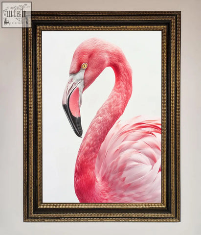 Pink flamingo stare framed print featuring a vibrant pink flamingo portrait in an ornate gold-toned frame