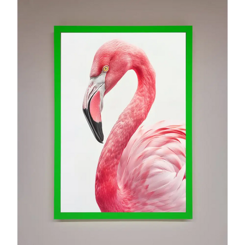 Pink Flamingo Stare Framed Print - B0 (100 x 141 cm) / Neon Dark Green - Framed Print