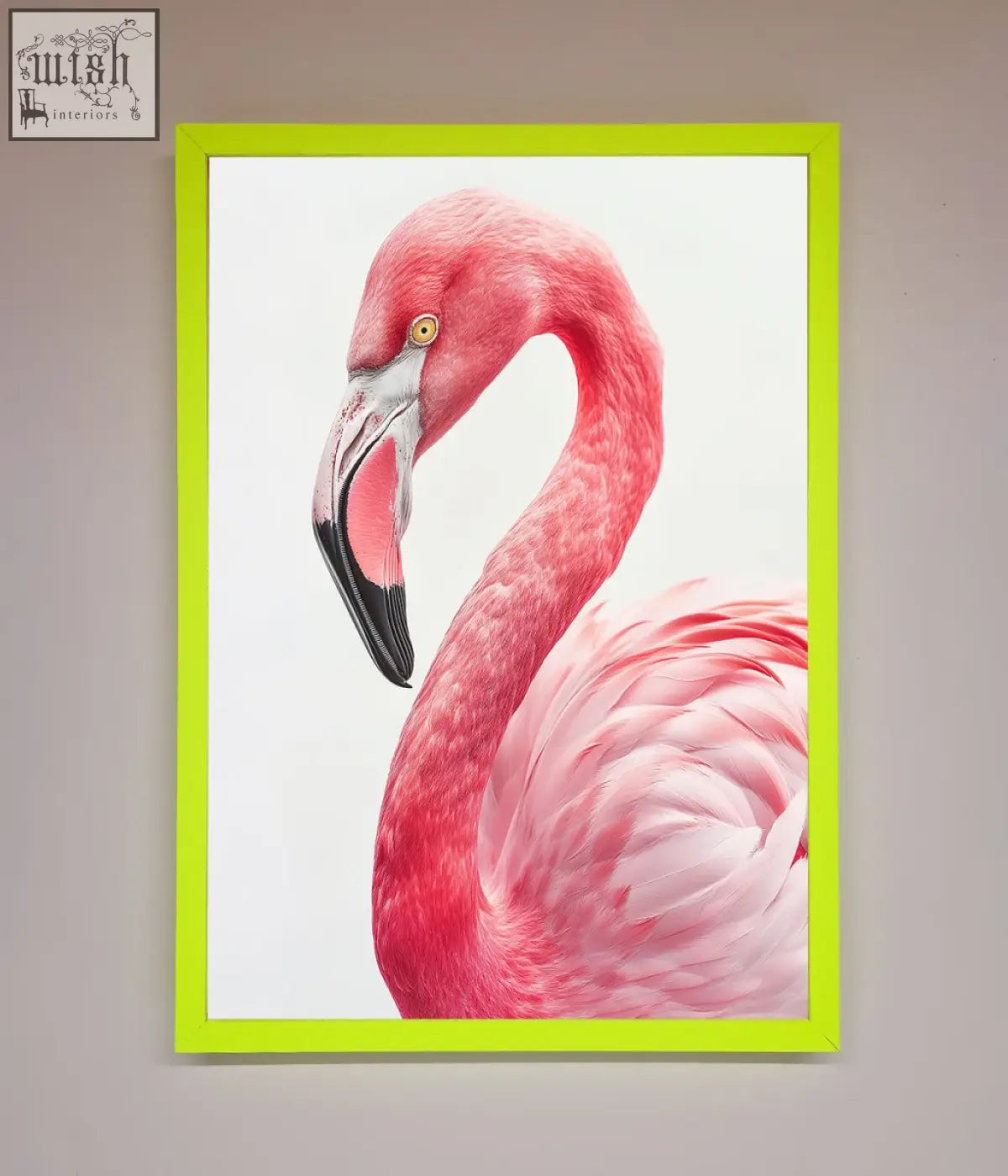 A vibrant lime green framed print showcasing a detailed pink flamingo stare with intricate feathers and black beak