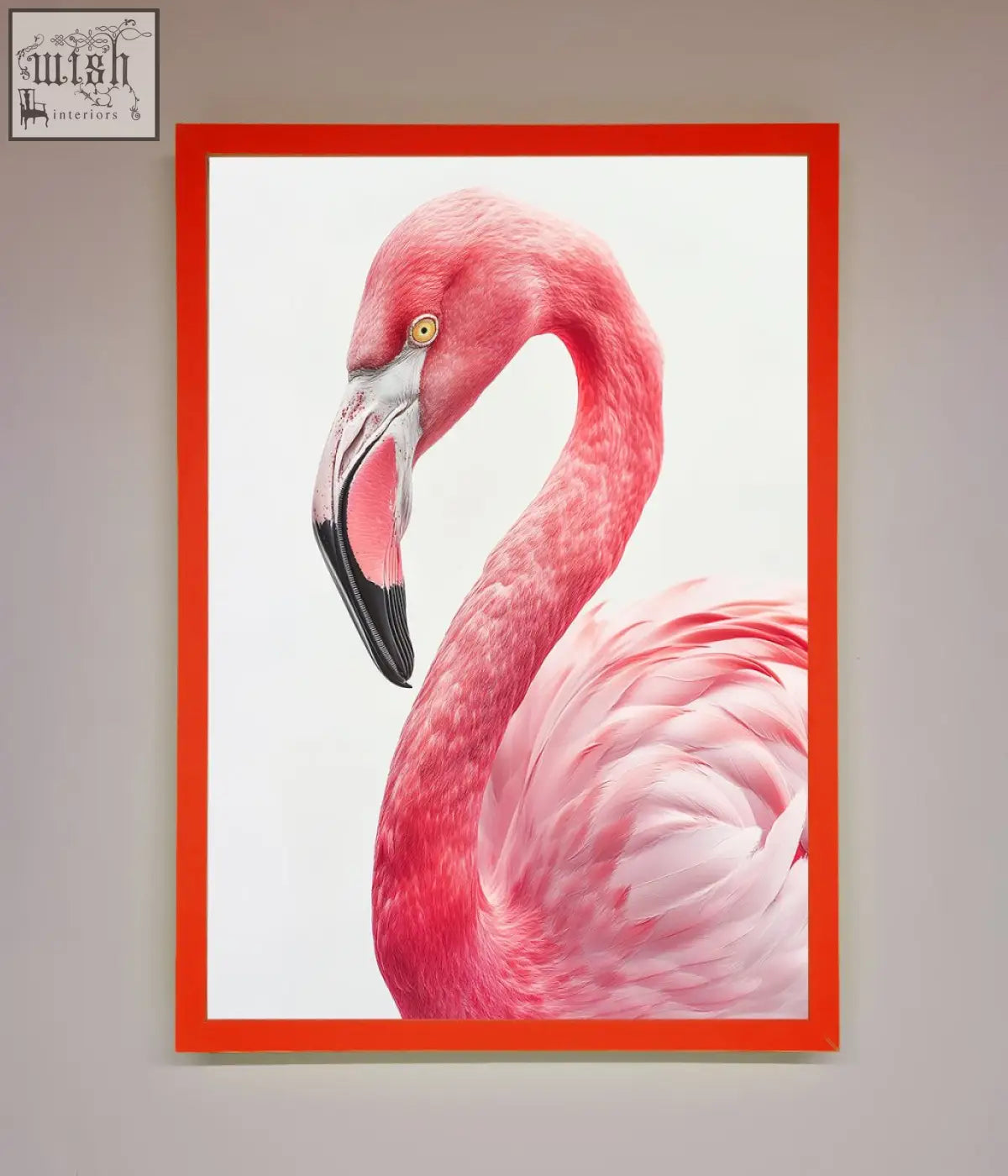A vibrant pink flamingo stare framed print with a bold red frame perfect for wall decor