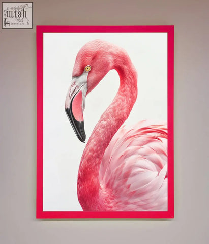 A vibrant pink flamingo stare framed print in a bold red frame perfect for flamingo stare framed wall decor