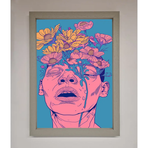Pink Flowers On Face Framed Wall Art - A3 (29.7 x 42 cm) / Grey - Framed Print