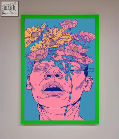Vibrant neon green framed wall art showing a stylized face with pink and yellow flowers on a teal background