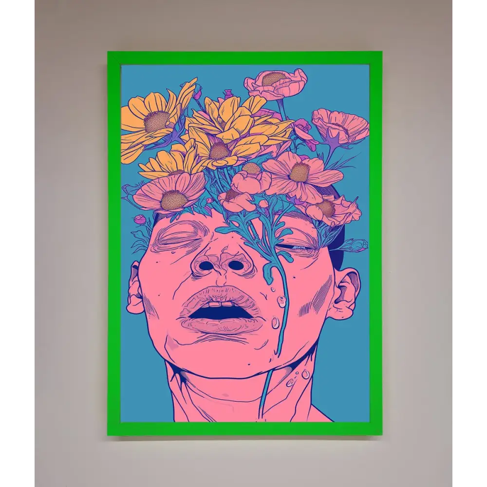 Pink Flowers On Face Framed Wall Art - A3 (29.7 x 42 cm) / Neon Dark Green - Framed Print