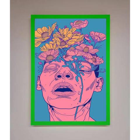 Pink Flowers On Face Framed Wall Art - A3 (29.7 x 42 cm) / Neon Dark Green - Framed Print