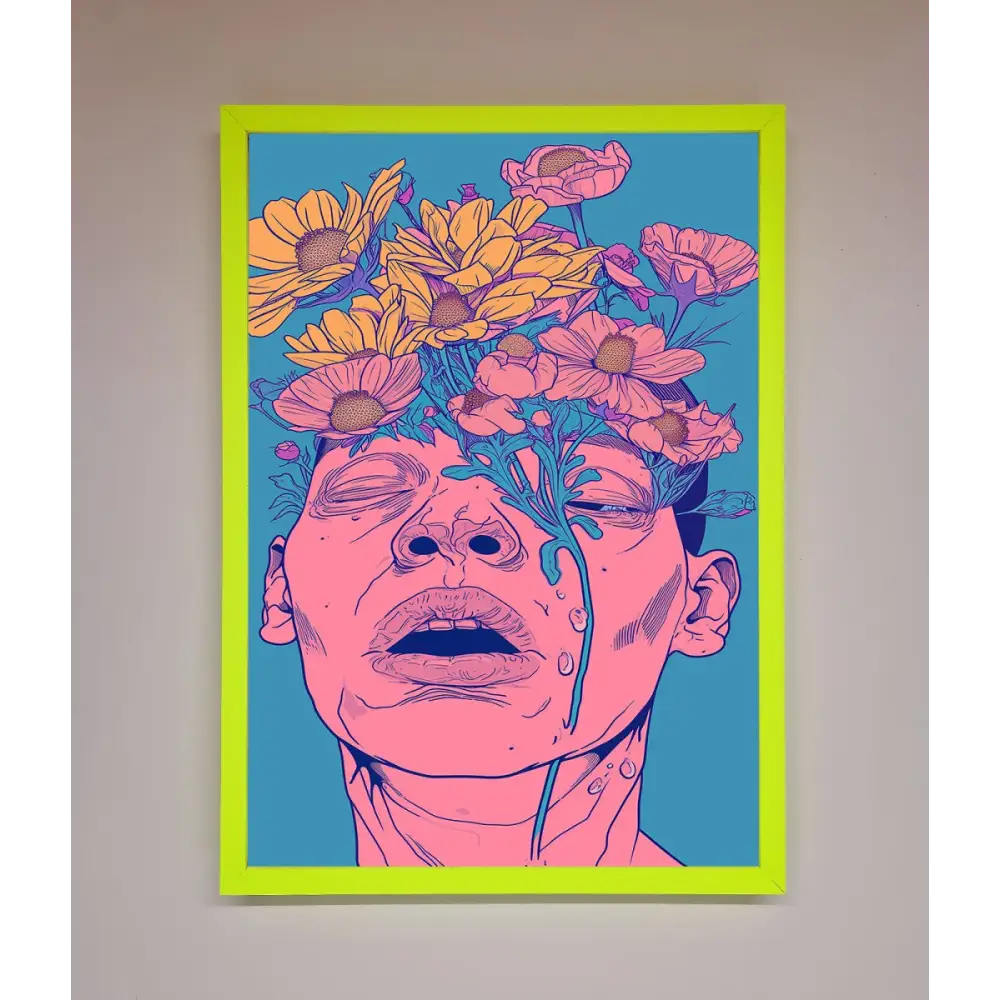 Pink Flowers On Face Framed Wall Art - A3 (29.7 x 42 cm) / Neon Green - Framed Print