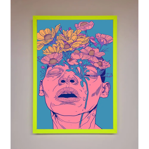 Pink Flowers On Face Framed Wall Art - A3 (29.7 x 42 cm) / Neon Green - Framed Print