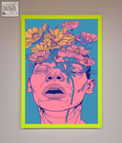 Vibrant neon green framed wall art of a stylized face with pink and yellow flowers on a teal background