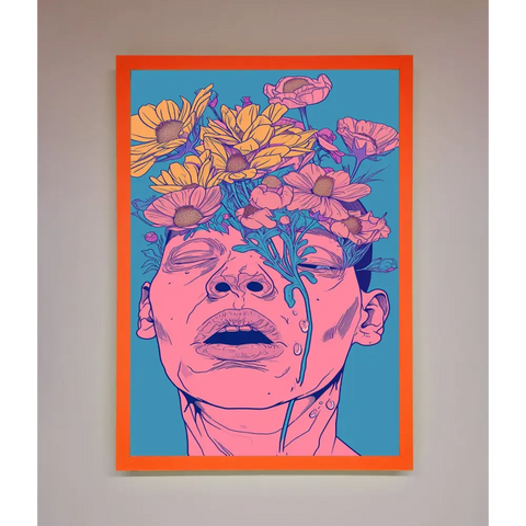 Pink Flowers On Face Framed Wall Art - A3 (29.7 x 42 cm) / Neon Orange - Framed Print