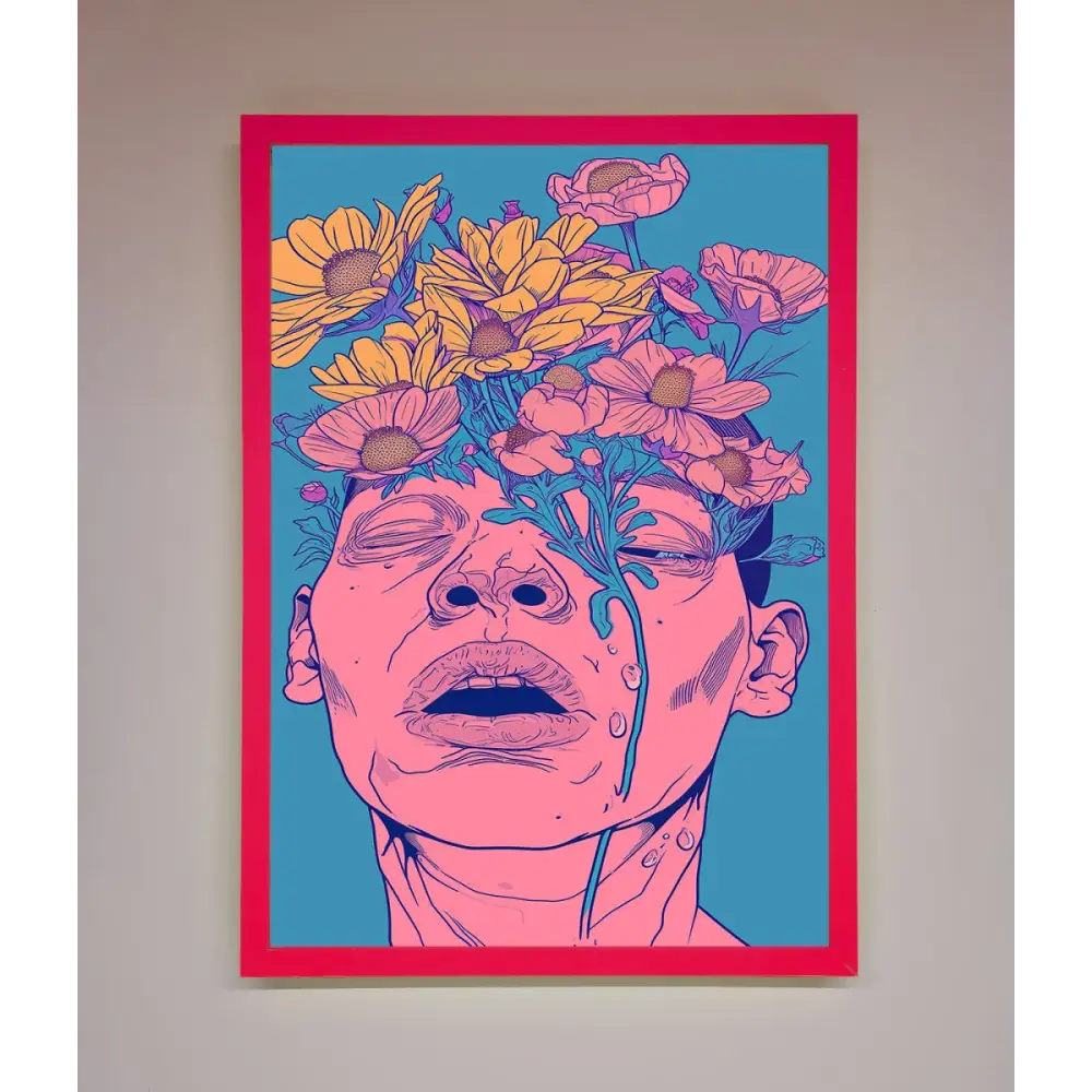 Pink Flowers On Face Framed Wall Art - A3 (29.7 x 42 cm) / Neon Pink - Framed Print