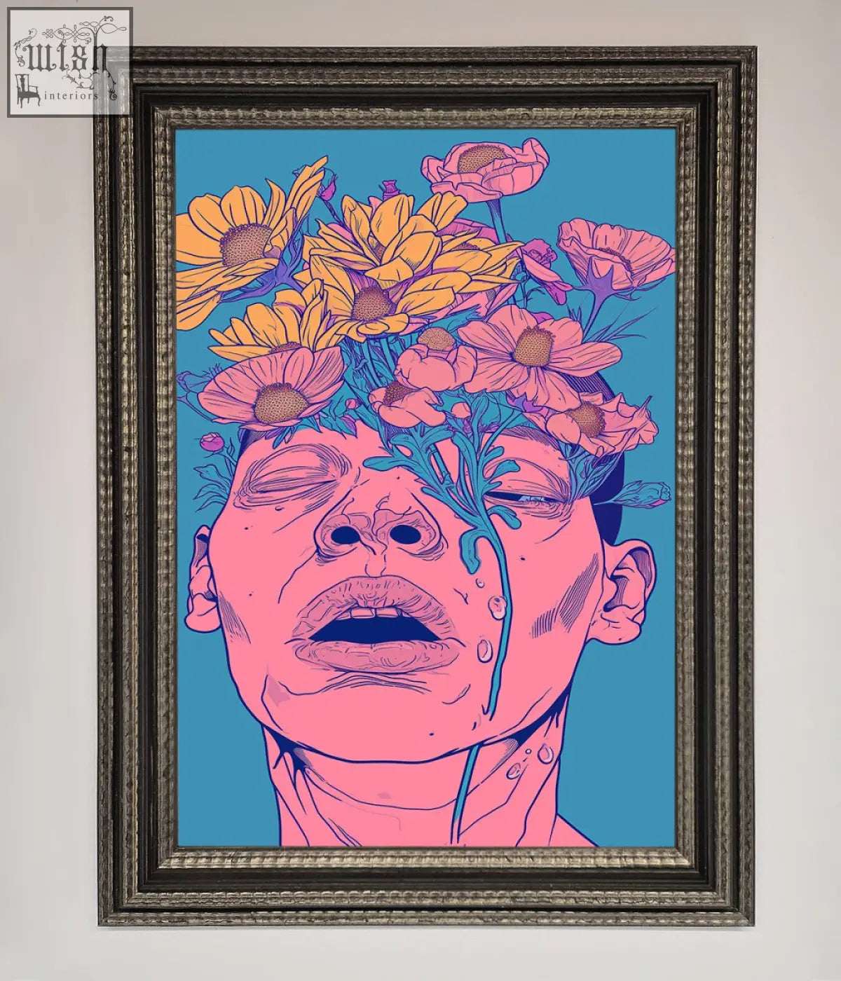 A vibrant pop-art framed wall art features a face with closed eyes and pink yellow flowers on blue background