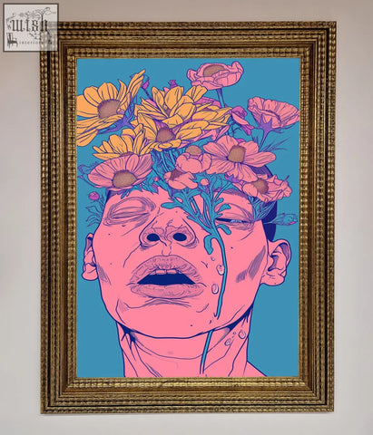 Pink flowers on face framed wall art featuring a vibrant pop art pink face with yellow and pink flowers in a gold leaf frame