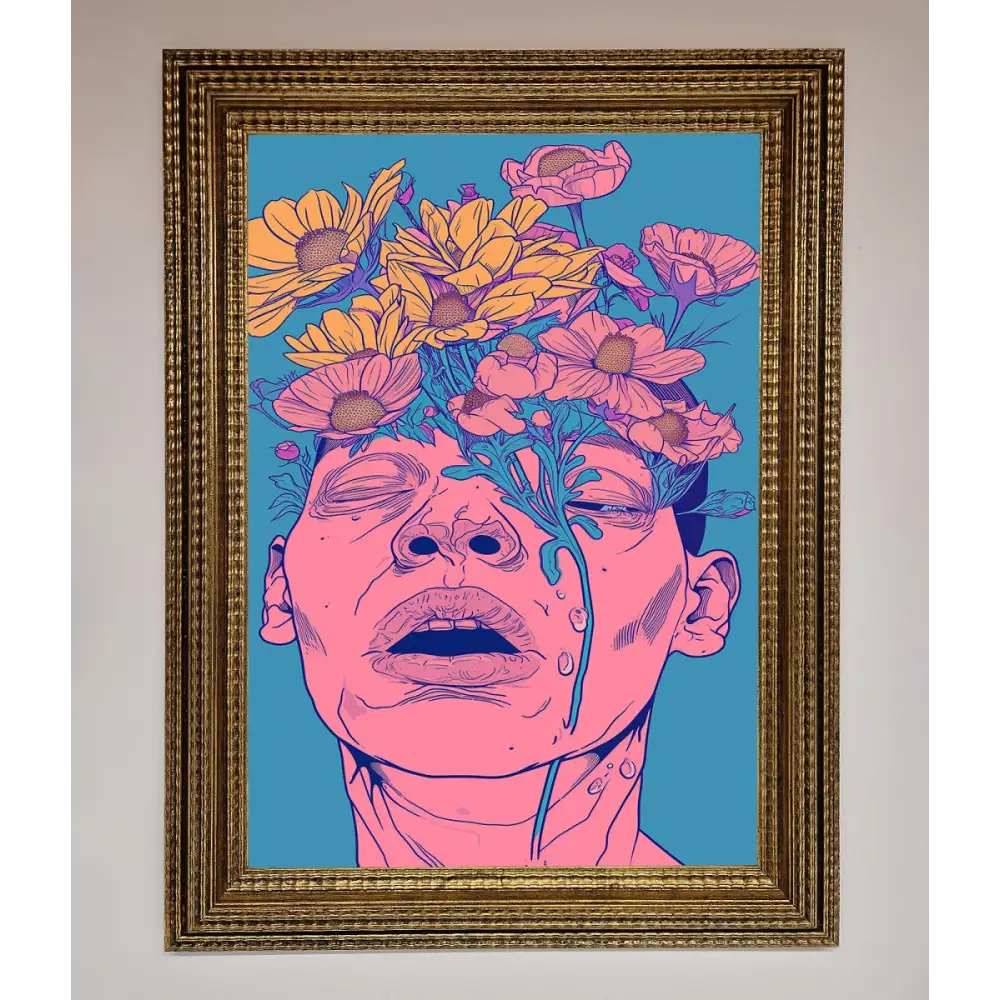 Pink Flowers On Face Framed Wall Art - A3 (29.7 x 42 cm) / Ornate Gold - Framed Print