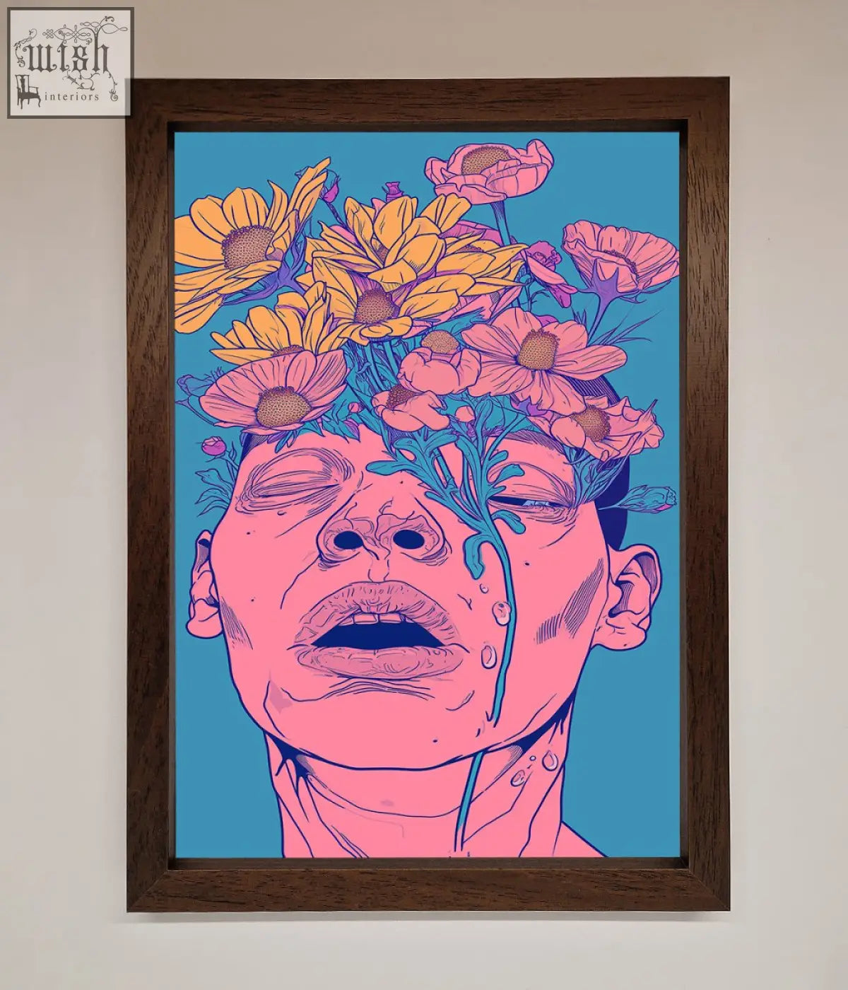 A vibrant pop-art pink flowers on face framed wall art with a stylized face and blooming flowers in a dark wood frame