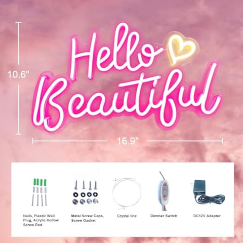 Pink hello beautiful neon sign with white heart glowing in pink outline ambient glow night light for girls bedroom