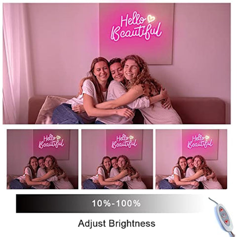 Pink hello beautiful neon sign with white heart featuring ambient glow dimmable night light for girls bedroom decor