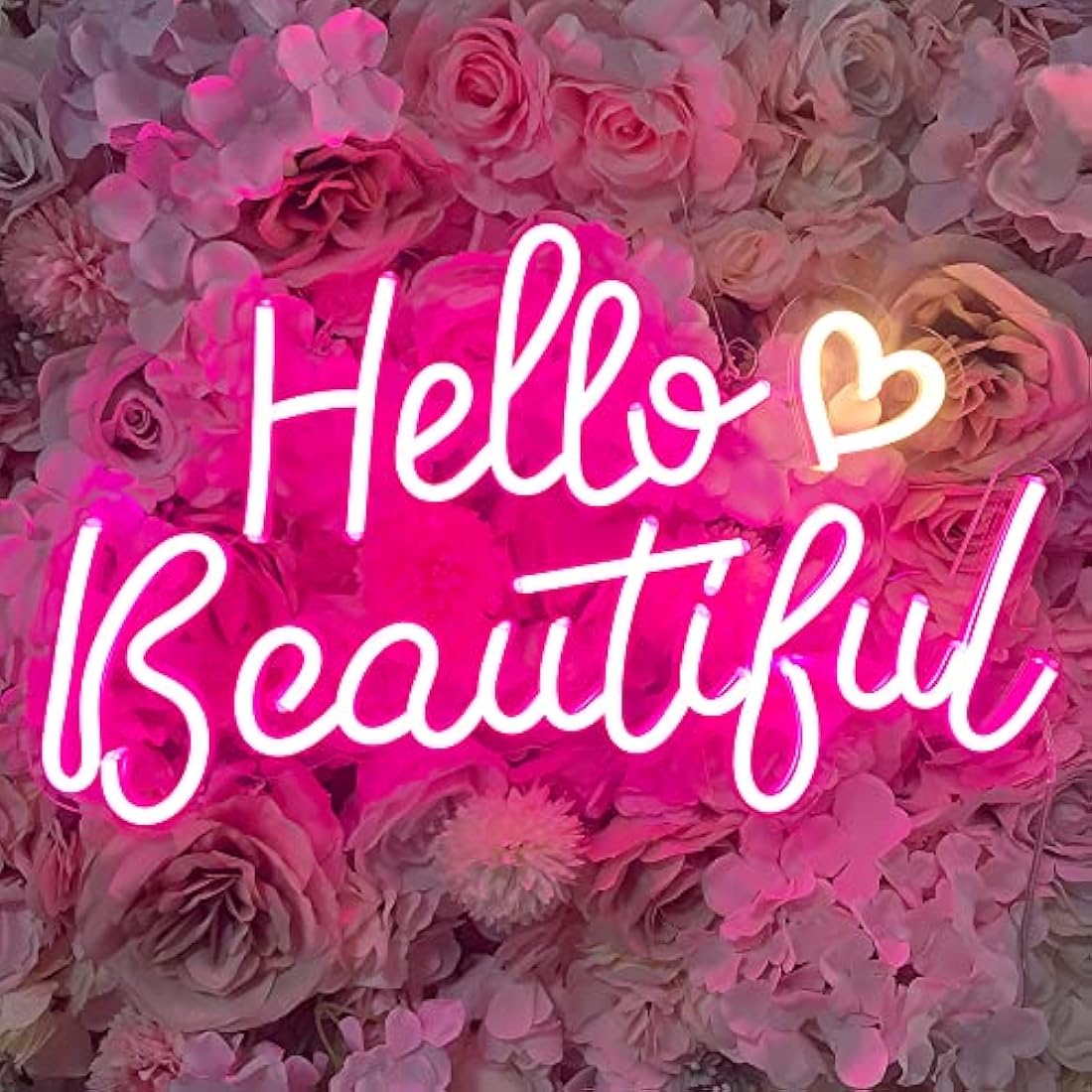 Pink hello beautiful neon sign with white heart glowing ambient glow night light for girls bedroom decor