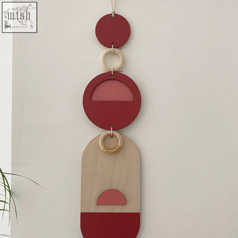 Red and beige geometric wooden wall art with circular and oval shapes perfect modern wall decor centerpiece
