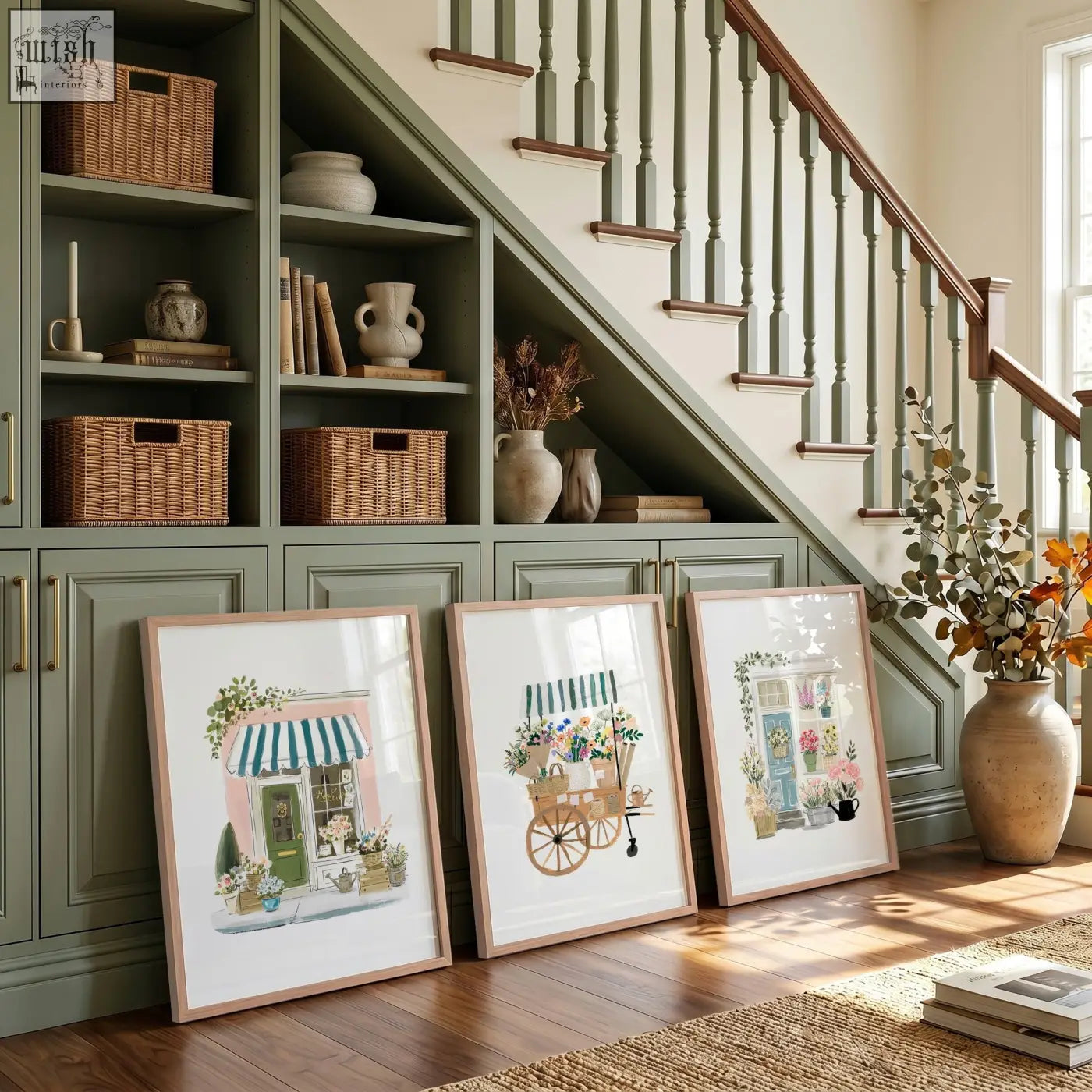 Three light wood framed pink picture art prints of charming flower shop storefronts leaning against a green cabinet