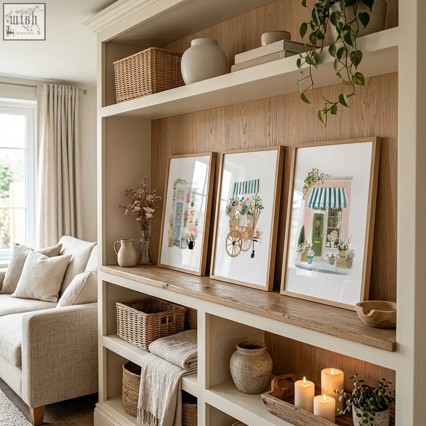 Three framed pink picture botanical flower shop art prints with wooden frames on a rustic wood shelf