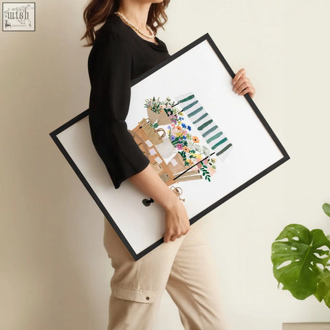Black-framed pink picture art prints featuring colorful flower shop shopping bags with flowers and greenery