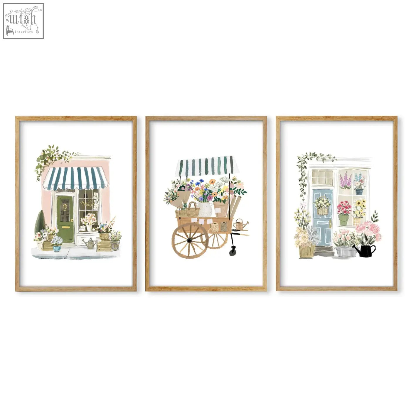 Set of three pink picture flower shop art prints in light wood frames perfect for botanical wall decor