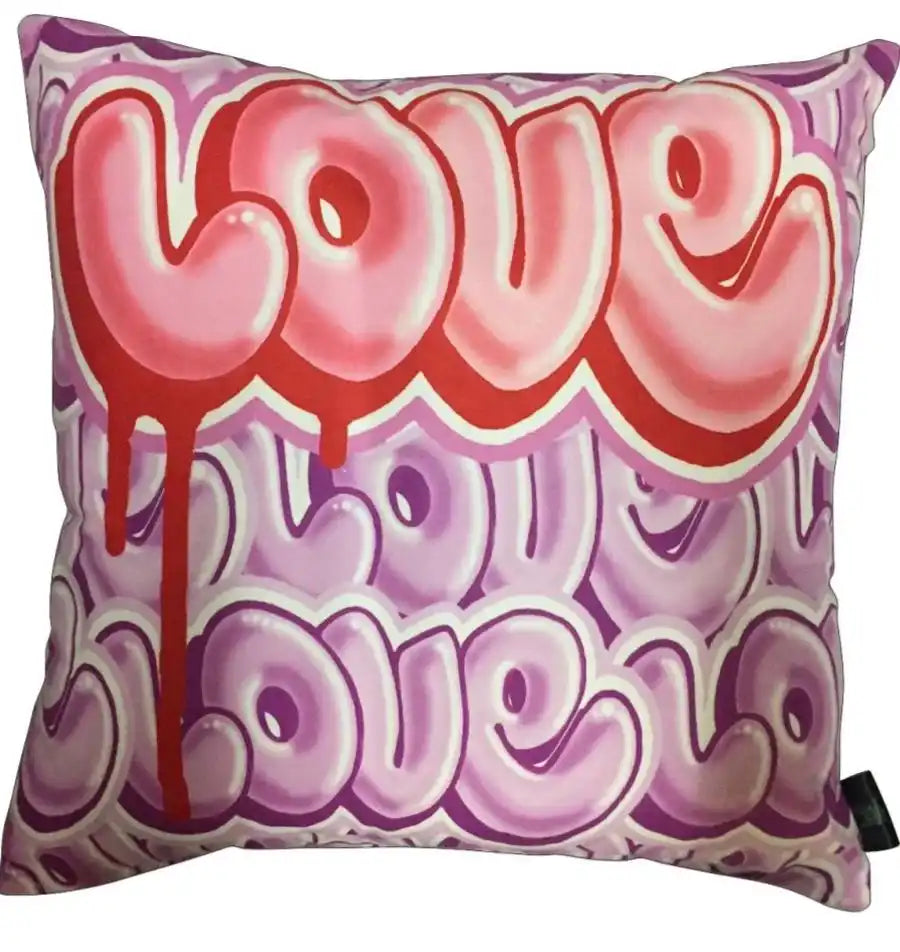 Pink and purple ’love’ cushion with dripping effect design.