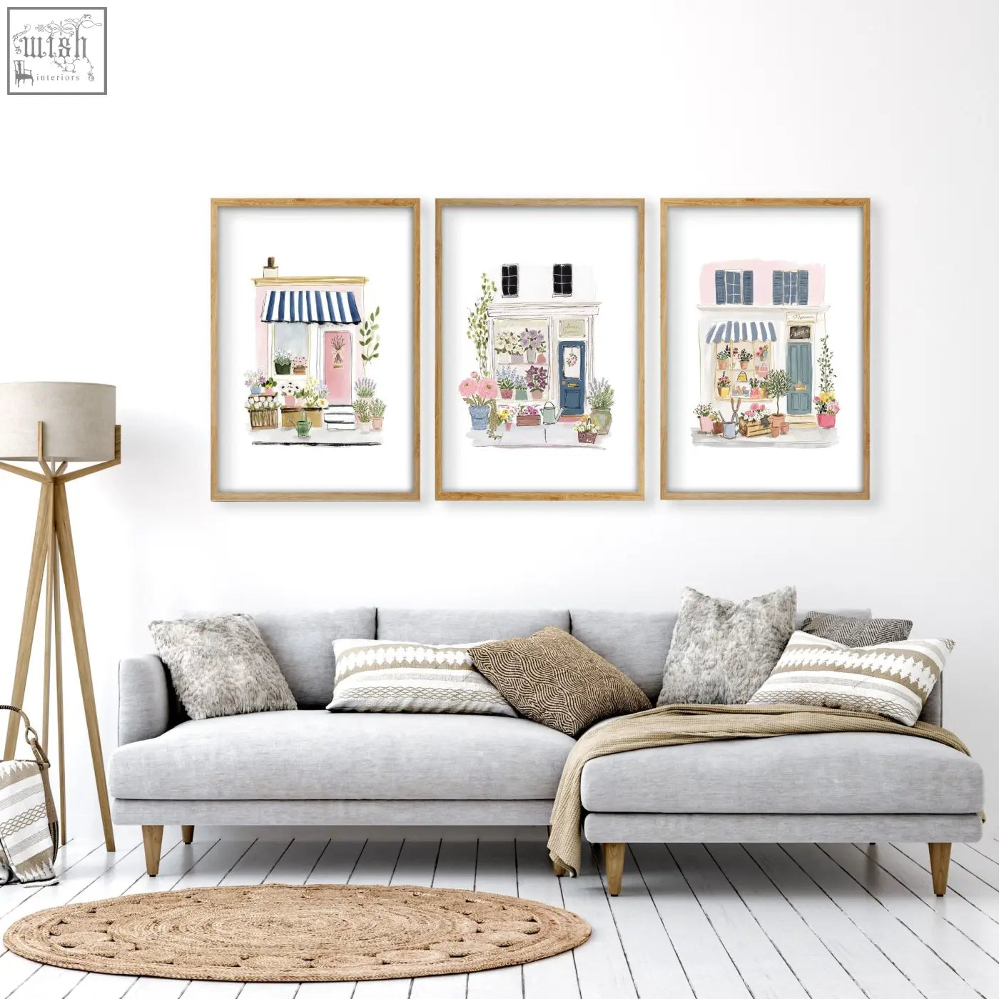 Three framed country cottage pink wall art prints featuring pastel boutique storefronts for living room decor