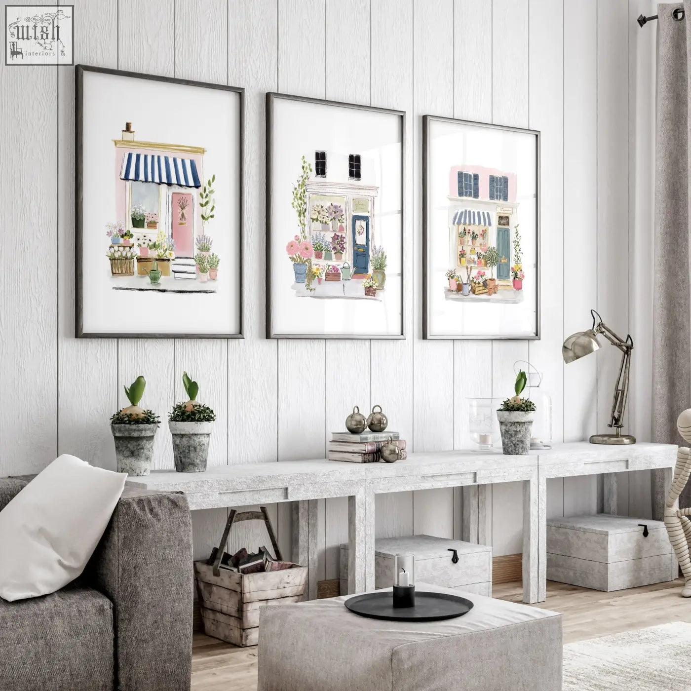 Three framed country cottage storefront prints with pink accents perfect for cozy living room wall art decor