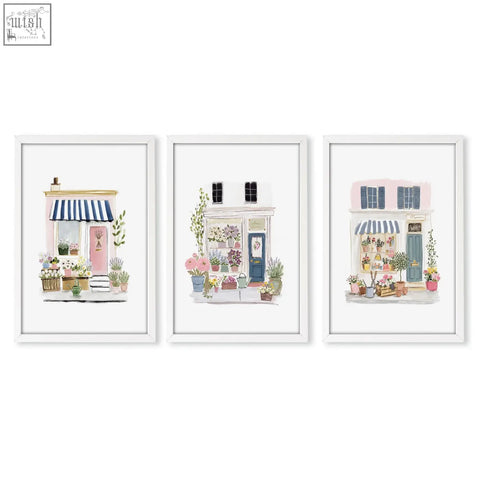 Set of 3 country cottage wall art prints featuring pastel flower shops perfect for living room decor