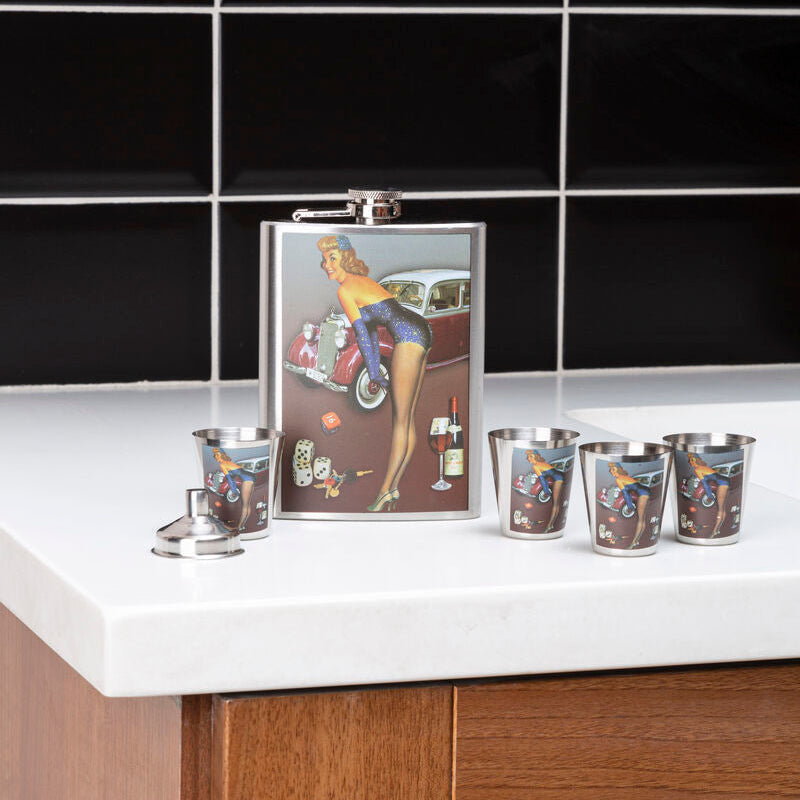 Silver cups flask set with vintage pinup girl design red car dice and matching shot cups for easy drinking fun