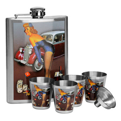 Silver stainless steel cups flask set with vintage pinup girl and motorcycle graphic includes 8oz flask and 4 cups