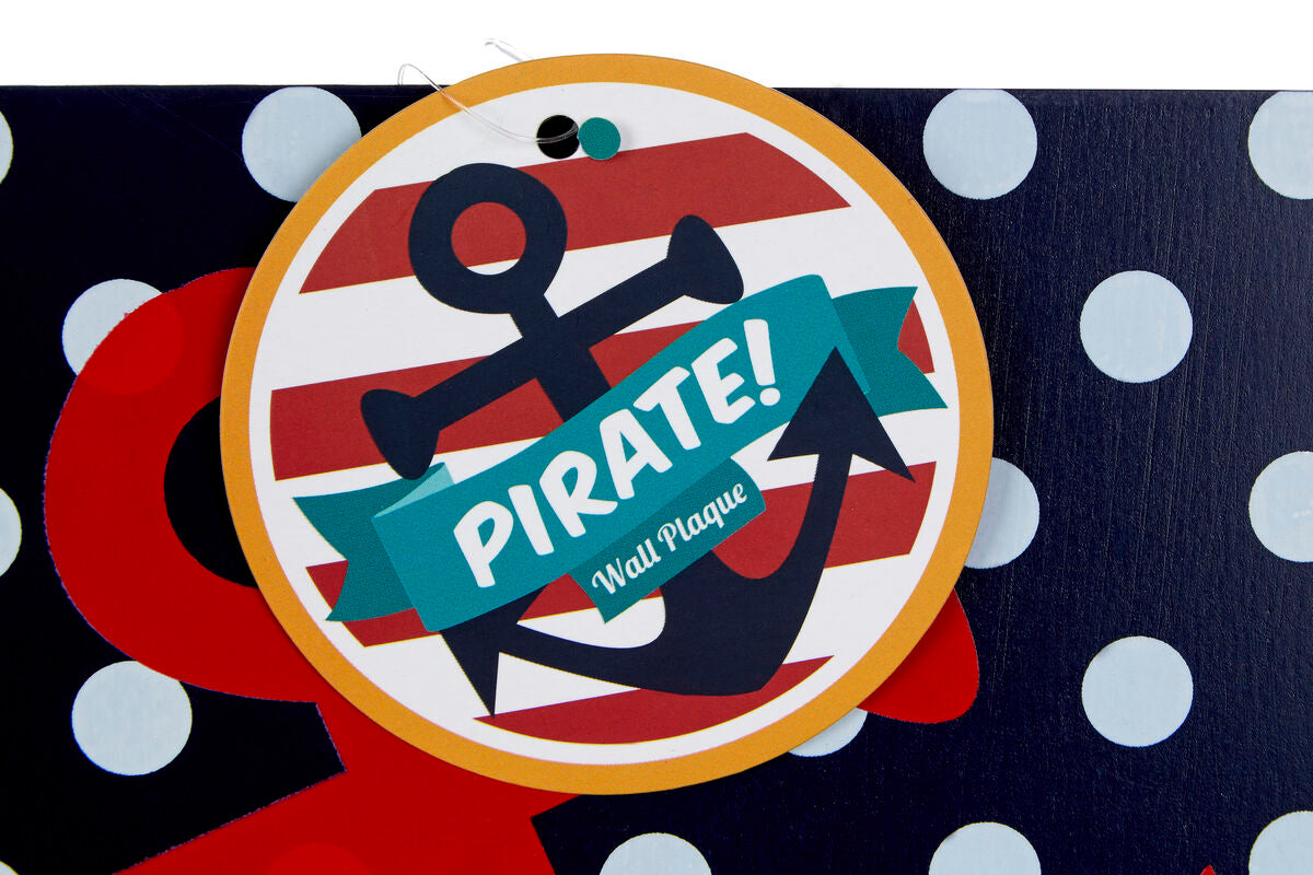 Navy blue anchor-themed wall plaque with red and white stripes and teal pirate banner in assorted wall plaque set