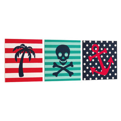 Set of three assorted wall plaque canvas prints with nautical designs on white stripes and colorful backgrounds