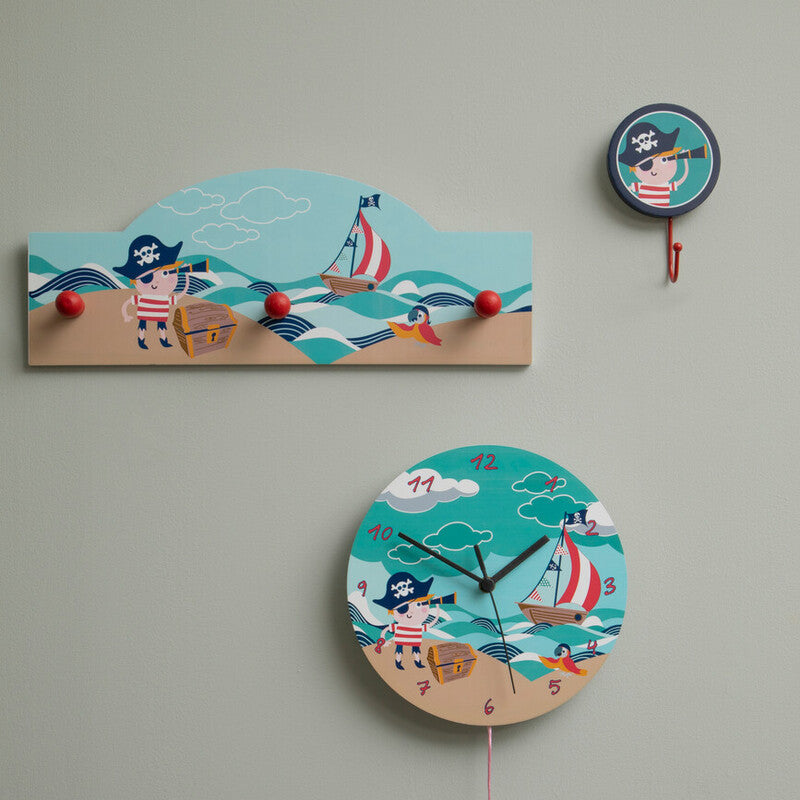 Pirate wall clock with turquoise ocean scene wooden base and black hands perfect for pirate wall hooks display