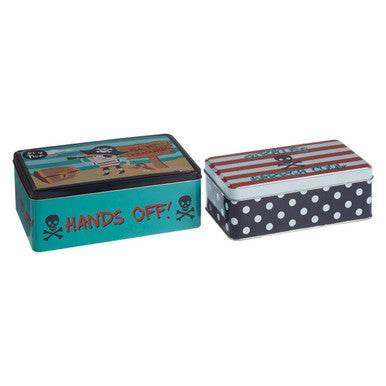 Teal and black metal pirate storage tins with skull and crossbones design perfect for pirate storage and decor
