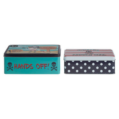 Teal rectangular pirate storage tin with black and white skull design and hands off text for pirate storage