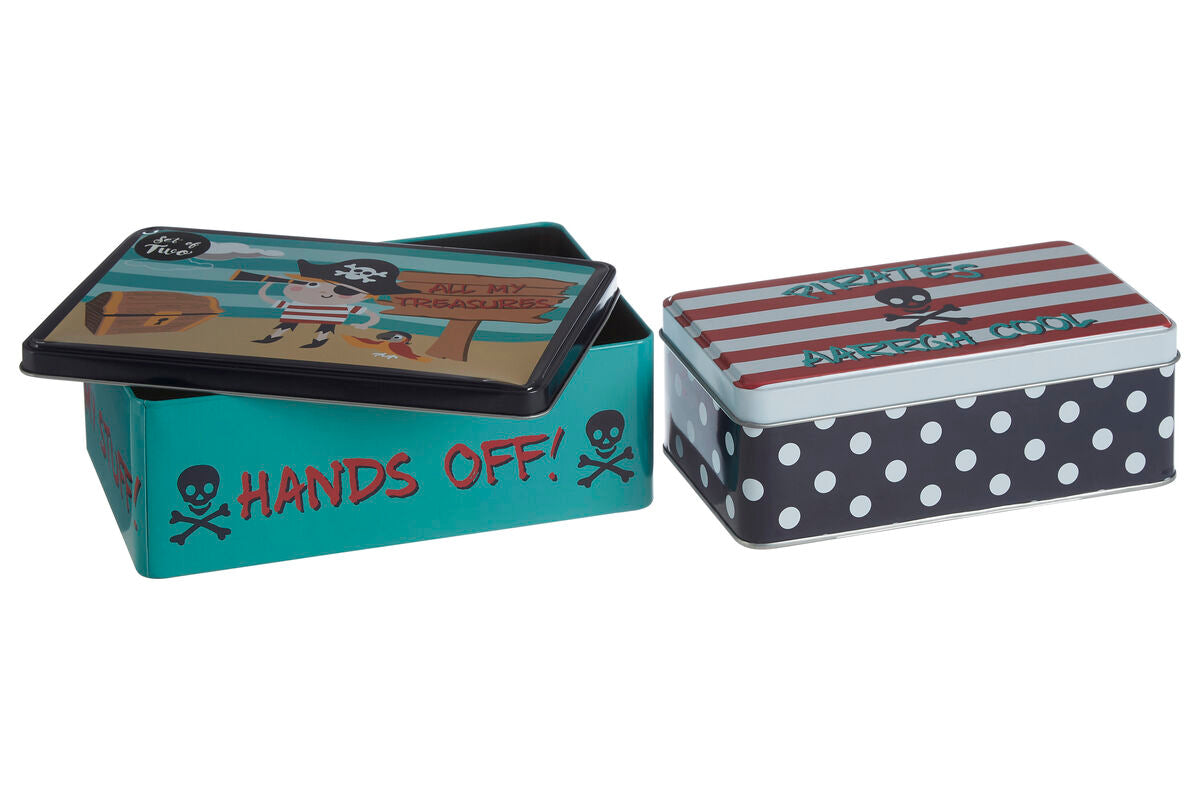 Two colorful metal pirate storage tins with cartoon design and polka dot stripes perfect for fun storage use