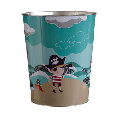 Teal and beige pirate waste bin with cartoon pirate, silver rim, and illustrated waves and clouds for pirate waste disposal