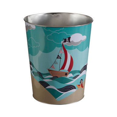 Teal and beige pirate waste bin with metallic rim featuring illustrated sailboat on waves perfect for pirate waste disposal