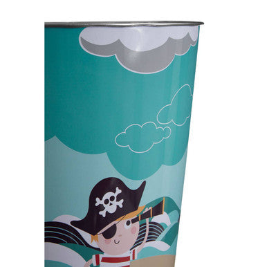 Teal cylindrical pirate waste bin featuring a cartoon pirate with a black hat and eyepatch against cloud backdrop