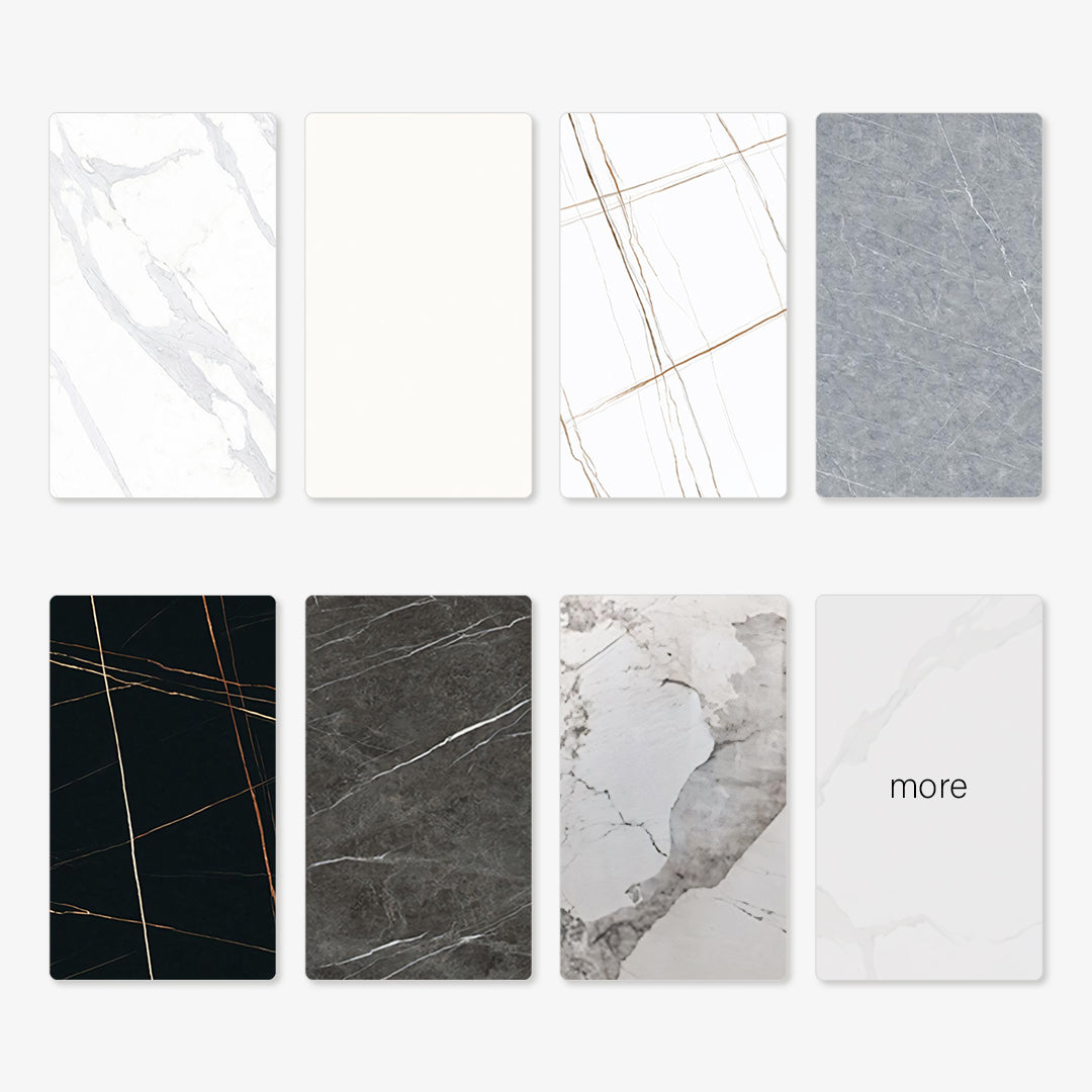 Eight rectangular marble effect sintered stone panels in various colors for pires oval dining table options